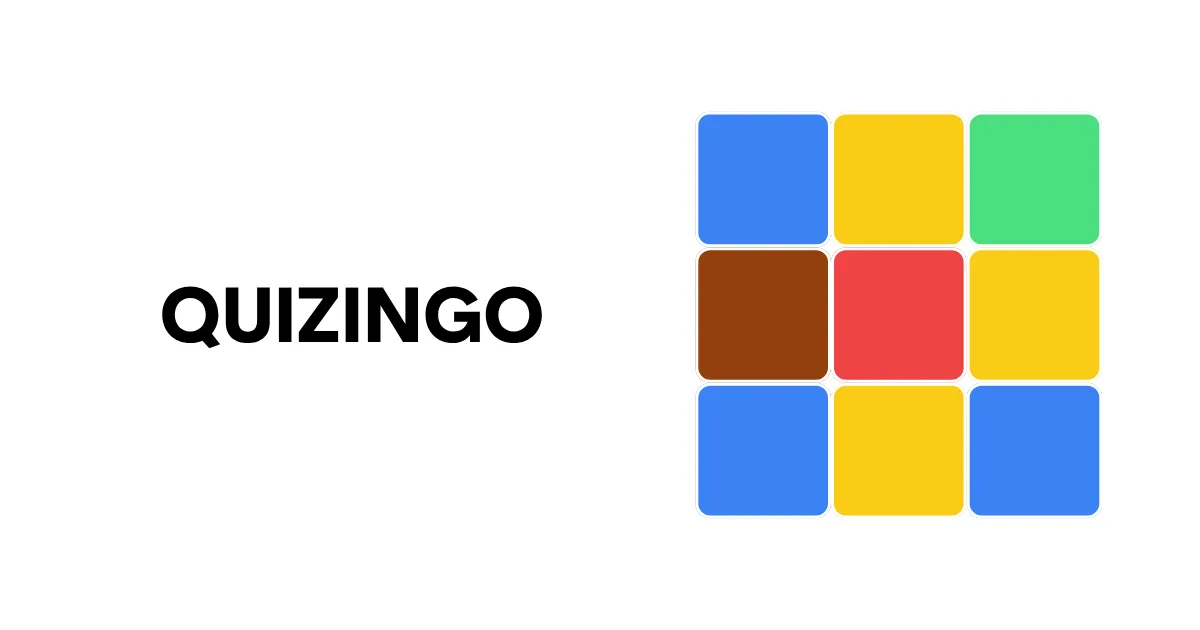 The QUIZINGO wordmark beside a 3x3 grid of coloured squares