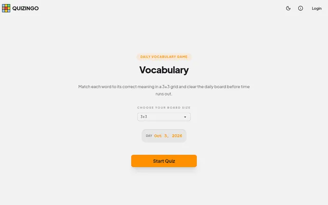 Quizingo Vocabulary start screen for Oct 5, 2026: match each word to its meaning in a 3x3 grid, with a board size menu and a Start Quiz button