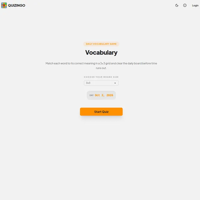 Quizingo daily vocabulary game start screen with a board size selector set to 3x3, the date Oct 3, 2026 and a Start Quiz button