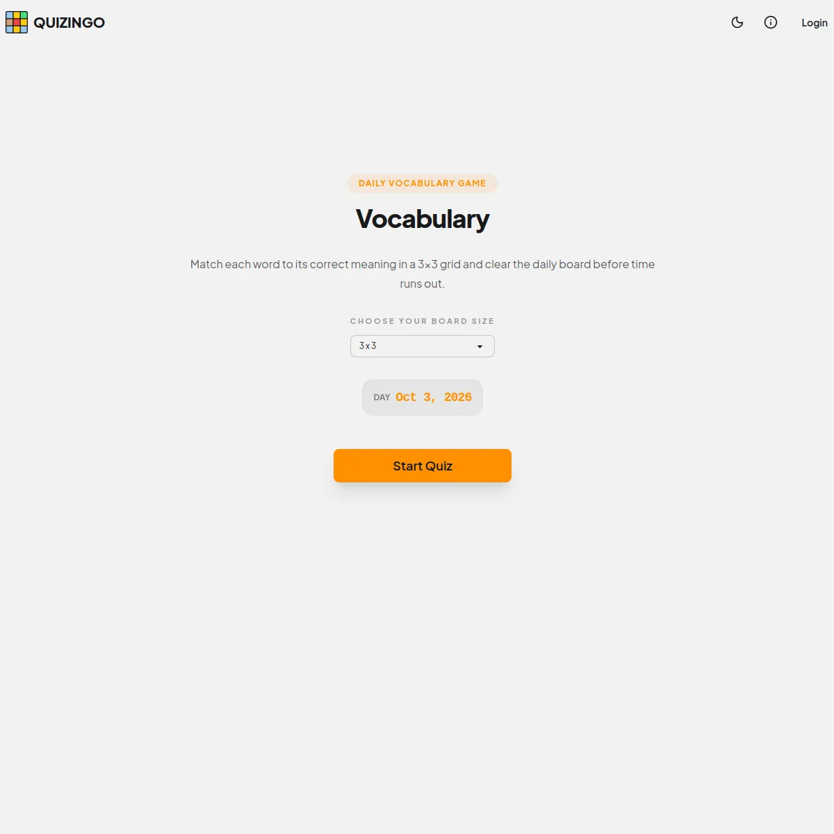 Quizingo daily vocabulary game start screen with a board size selector set to 3x3, the date Oct 3, 2026 and a Start Quiz button