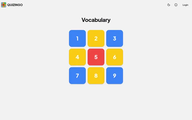 Quizingo Vocabulary's 3x3 daily board for 19 October 2026: nine numbered squares in blue, yellow and red, the colours giving each question's timer
