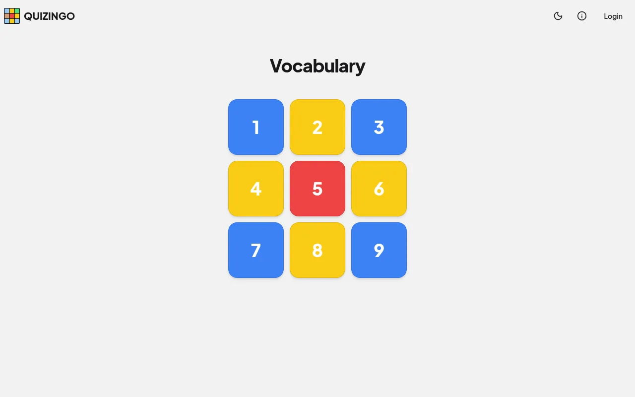 Quizingo Vocabulary's 3x3 daily board for 19 October 2026: nine numbered squares in blue, yellow and red, the colours giving each question's timer