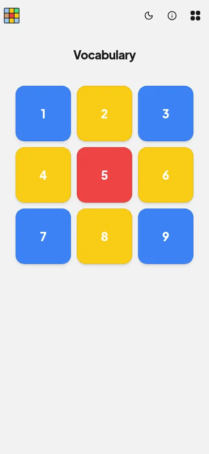 Quizingo Vocabulary's daily 3x3 board at phone size, nine coloured numbered squares filling the screen