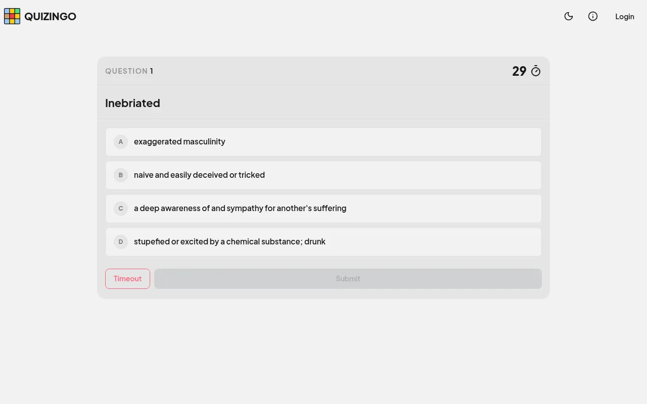 A Quizingo Vocabulary question: the word Inebriated with four meanings, A to D, a 29 second countdown, Timeout and Submit