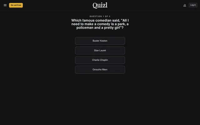 Today's Quizl on a desktop: question 1 of 5, a Charlie Chaplin quote, with four answer buttons