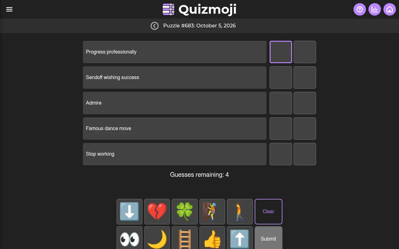 Quizmoji Puzzle #683 for October 5, 2026: five clues such as Progress professionally and Famous dance move, each with two empty emoji boxes, 4 guesses remaining and a tray of ten emojis