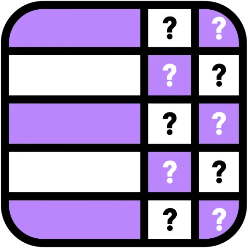 Quizmoji's icon: rows of purple and white bars with question-mark tiles