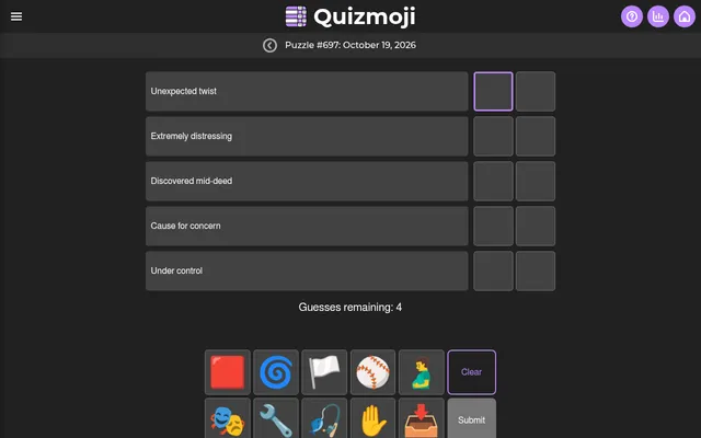 Quizmoji Puzzle #697 for October 19, 2026: five clues such as Unexpected twist and Under control, each with two empty emoji boxes, 4 guesses left and a tray of ten emojis