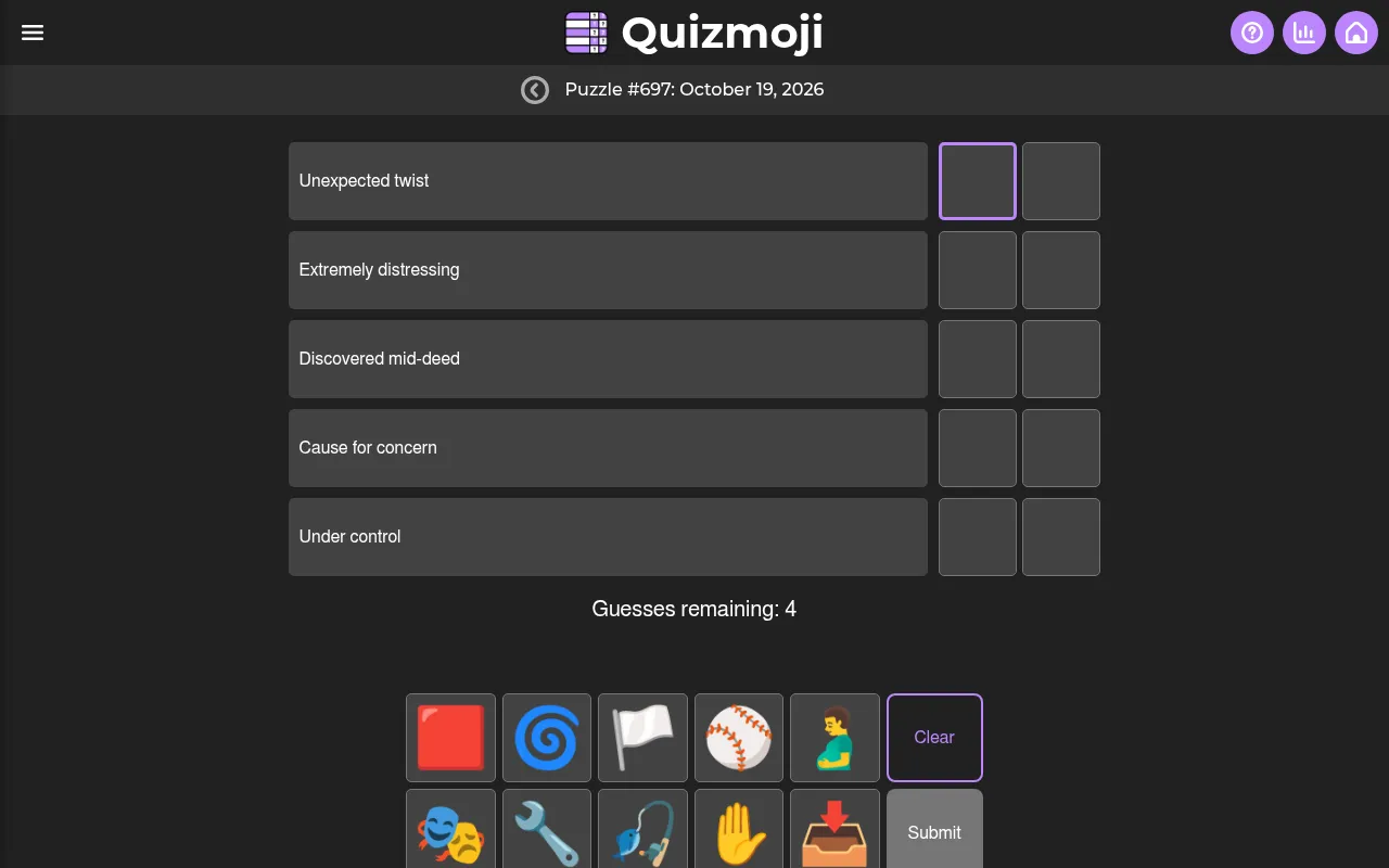 Quizmoji Puzzle #697 for October 19, 2026: five clues such as Unexpected twist and Under control, each with two empty emoji boxes, 4 guesses left and a tray of ten emojis