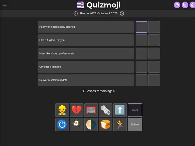 A Quizmoji puzzle: five phrase clues with empty emoji boxes and a tray of ten emojis below