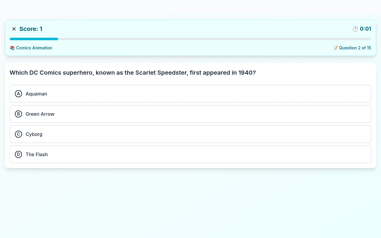 Quizzler question 2 of 15, in Comics Animation, with the score at 1: which DC Comics hero is the Scarlet Speedster