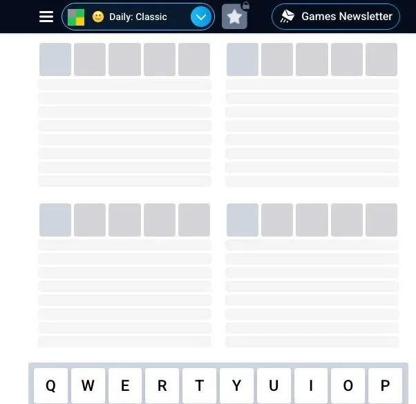 The Quordle Daily Classic before the first guess: four empty grids of five tiles above an on-screen keyboard