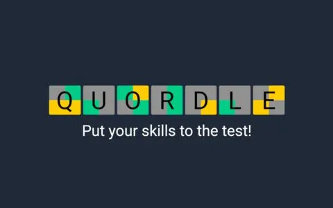 The Quordle logo in green, yellow and grey letter tiles on a dark background