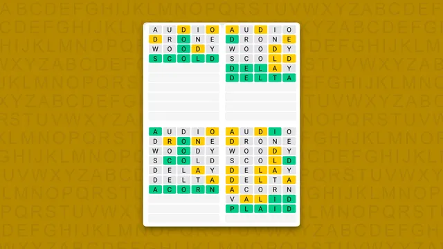A finished Quordle board on four grids: AUDIO, DRONE, WOODY and SCOLD solve the first, and the last grid closes with PLAID on the ninth guess, in green and yellow tiles