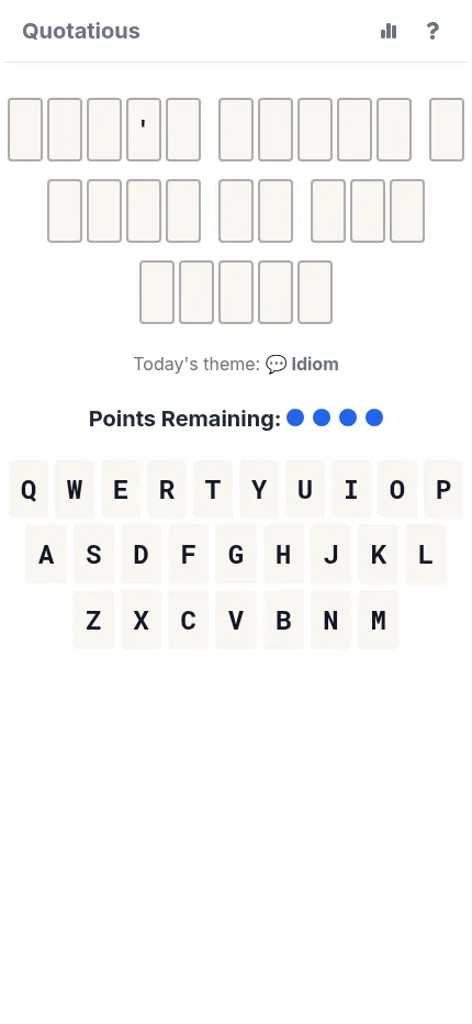 Quotatious on a phone mid-game: E, T and A revealed in the day's Idiom quote, guessed keys shown green, four points still left