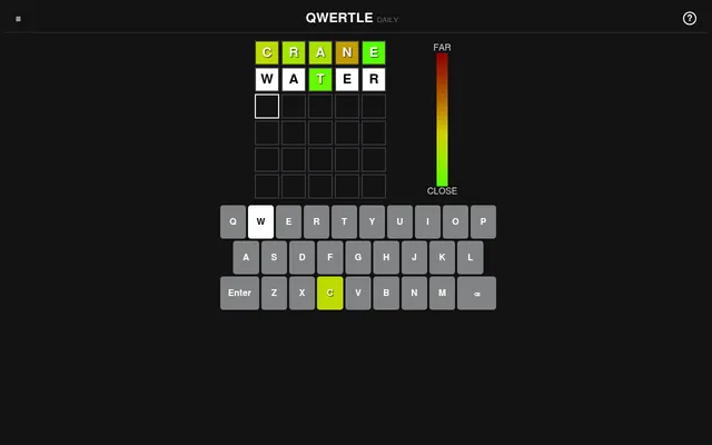 Qwertle daily board on 19 October 2026: guesses CRANE and WATER coloured by keyboard distance, a far-to-close colour scale and the on-screen QWERTY keyboard