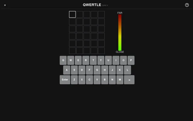 Qwertle Daily board: an empty grid of six five-letter rows beside a colour scale running from red for far to green for close, above an on-screen QWERTY keyboard