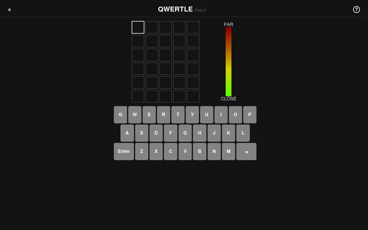 Qwertle Daily board: an empty grid of six five-letter rows beside a colour scale running from red for far to green for close, above an on-screen QWERTY keyboard
