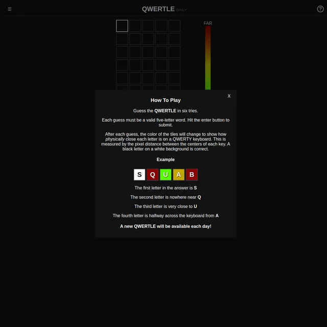 Qwertle Daily with an empty grid, a far-to-near colour scale and the How To Play panel showing the example guess SQUAB