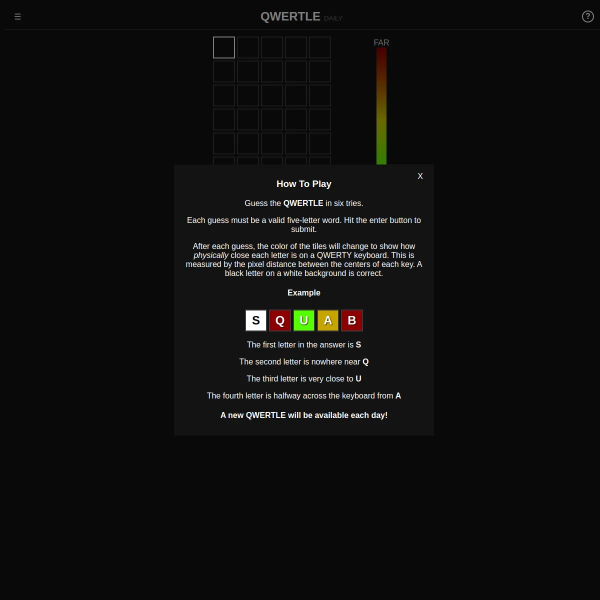 Qwertle Daily with an empty grid, a far-to-near colour scale and the How To Play panel showing the example guess SQUAB