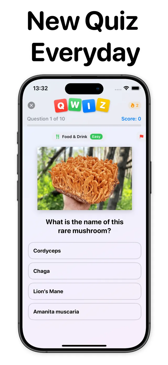 Qwiz on an iPhone: question 1 of 10 of the Daily Qwiz, a Food and Drink picture question about a mushroom with four answers