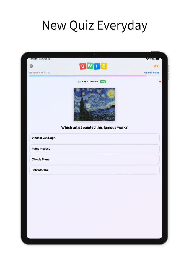 Qwiz on an iPad: question 10 of 10, an Arts and Literature question about a famous painting with four answers