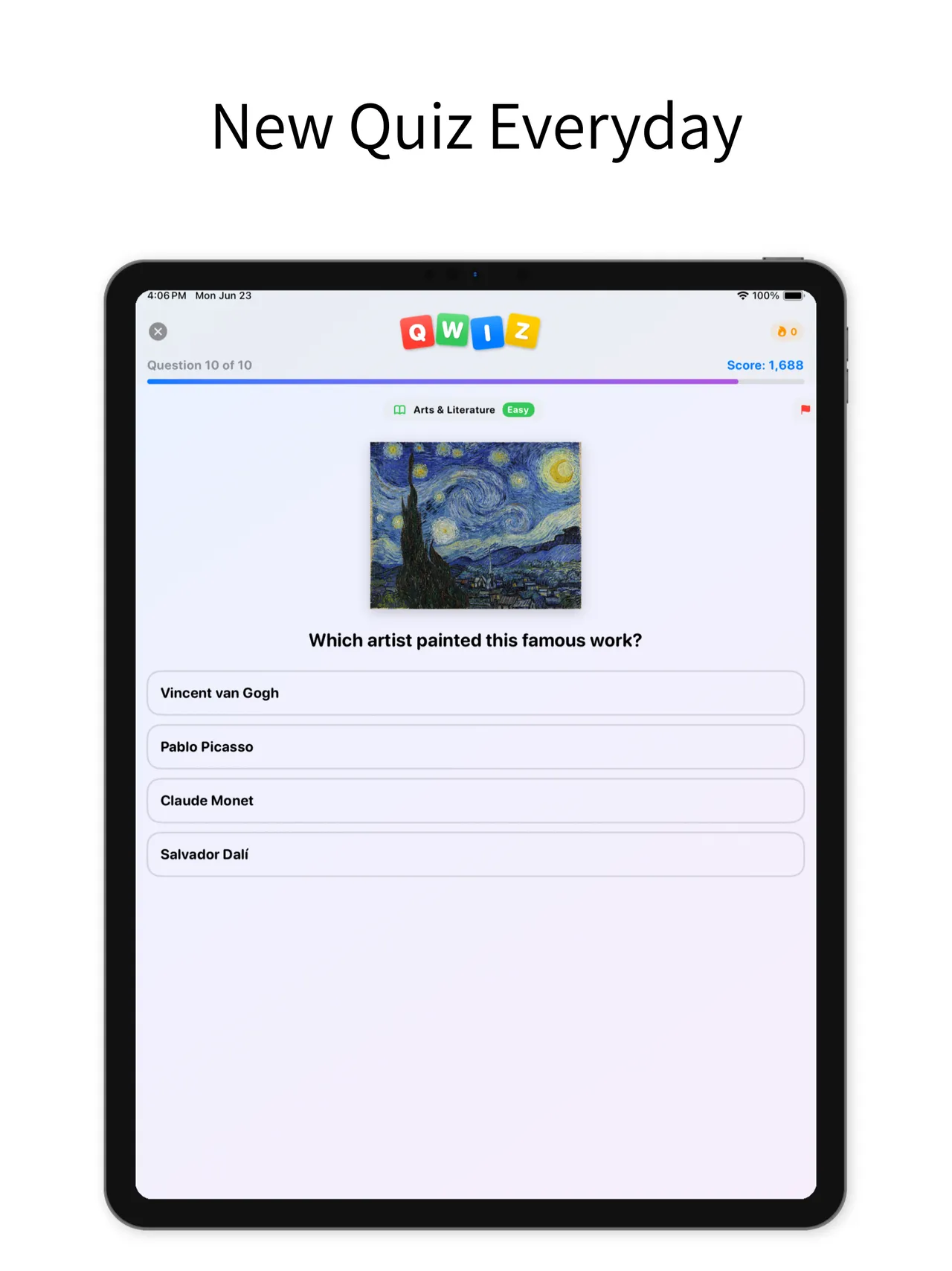 Qwiz on an iPad: question 10 of 10, an Arts and Literature question about a famous painting with four answers