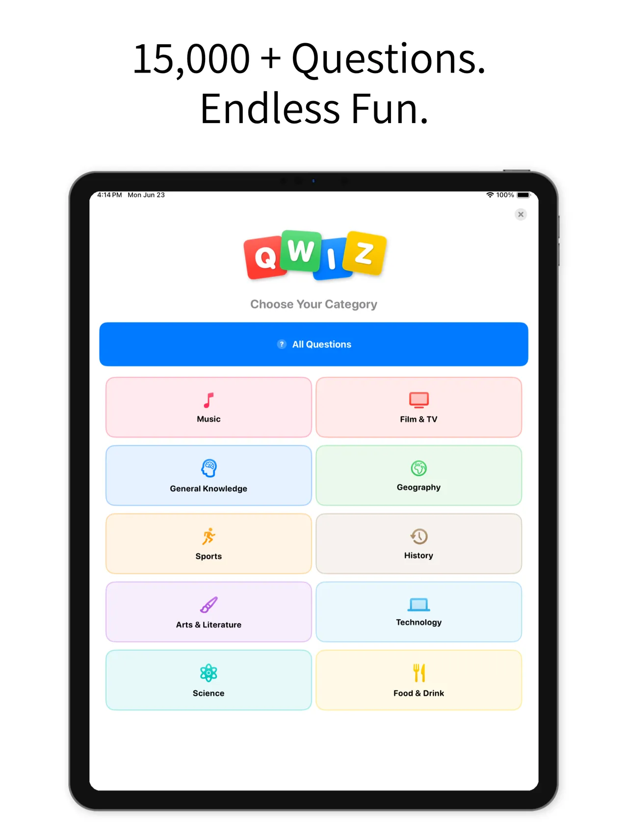 Qwiz category menu with Music, Film and TV, Geography, History and more