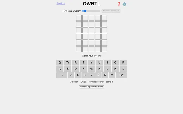 The QWRTL board for October 5, 2026: an empty five-letter grid above a keyboard with no E key
