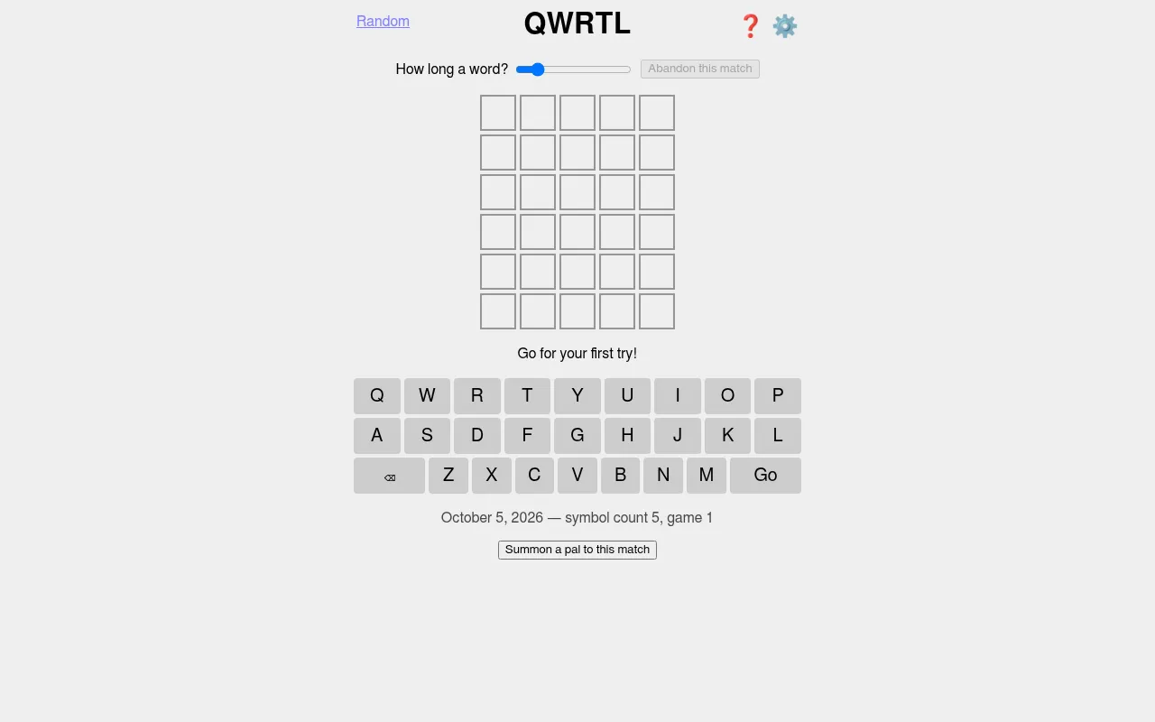 The QWRTL board for October 5, 2026: an empty five-letter grid above a keyboard with no E key