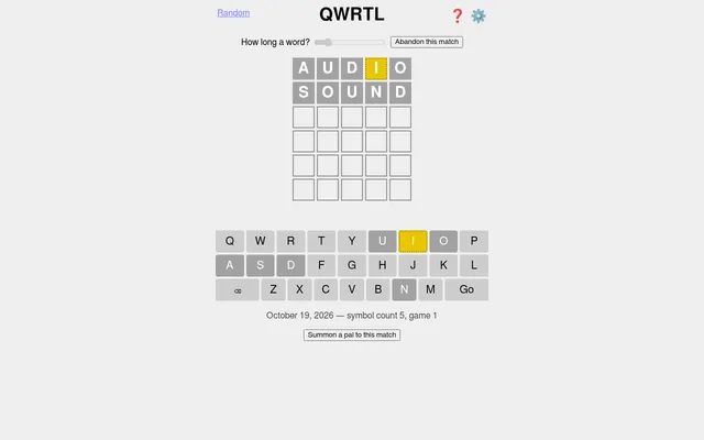 The QWRTL board for October 19, 2026 with two guesses, AUDIO and SOUND, and a keyboard with no E key