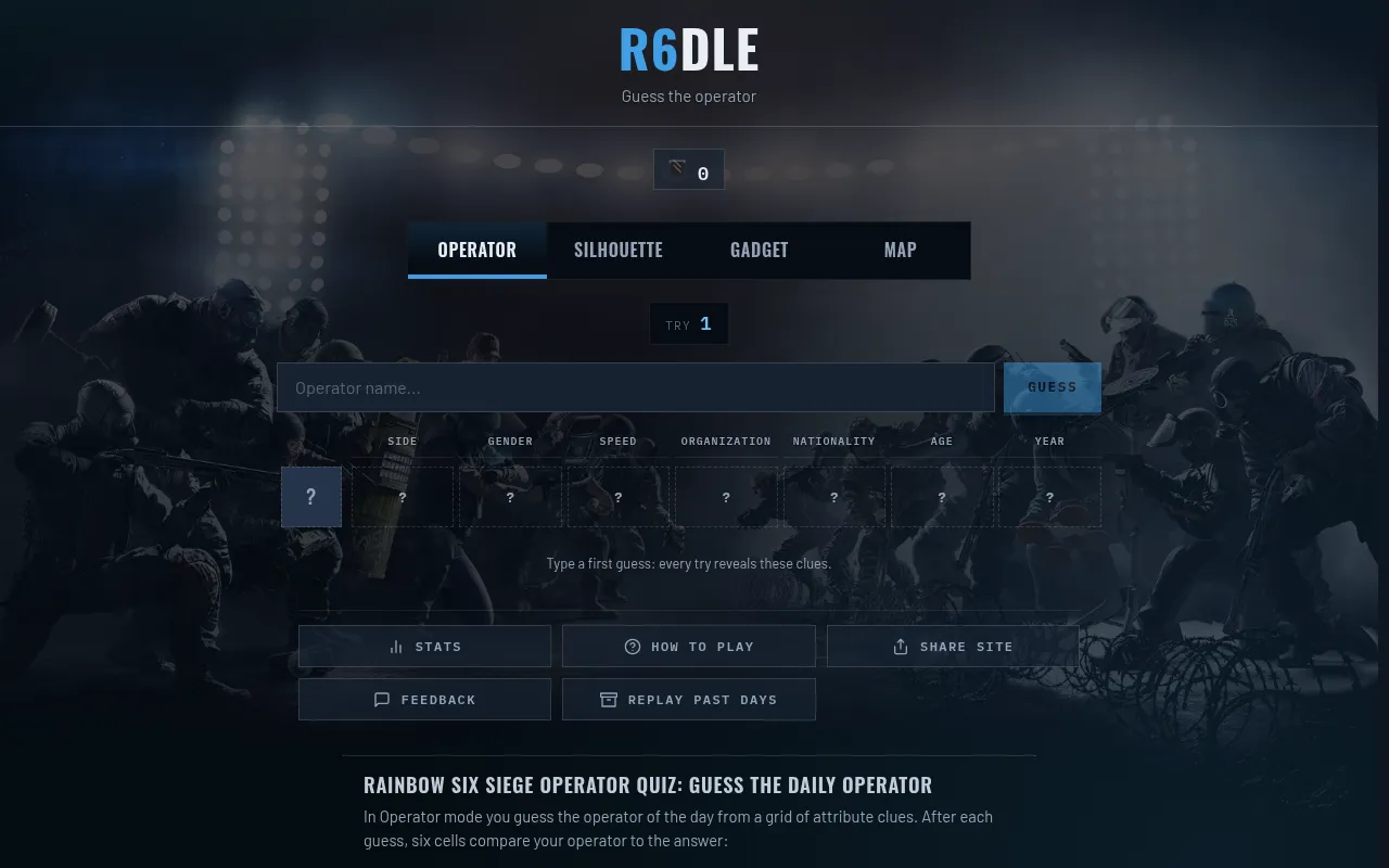 R6DLE's Operator mode before the first guess: tabs for Operator, Silhouette, Gadget and Map, a name box and empty clue cells for side, gender, speed, organization, nationality, age and year