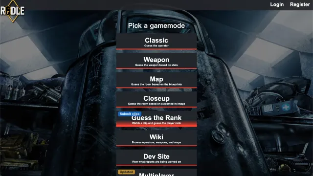R6dle's mode menu, shot by DLE Games: Classic, Weapon, Map, Closeup and Guess the Rank buttons over a dark Siege background, with the R6dle logo top left