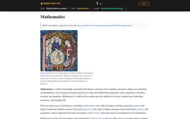 Rabbit Hole puzzle 72 in play: start Mathematical constant, now on the Mathematics article after 1 click, target Analytical psychology