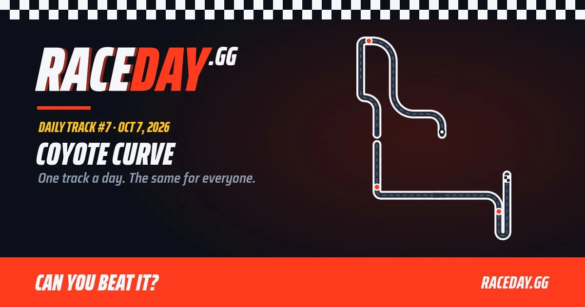 Race Day's own card for daily track #7, Coyote Curve, 7 October 2026: the raceday.gg name beside a map of the track's layout