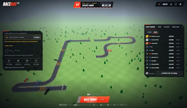 Race Day in play: daily track #7 Coyote Curve, a grey 3D circuit on green grass, medal times on the left, today's world ranking on the right and a Race Today button