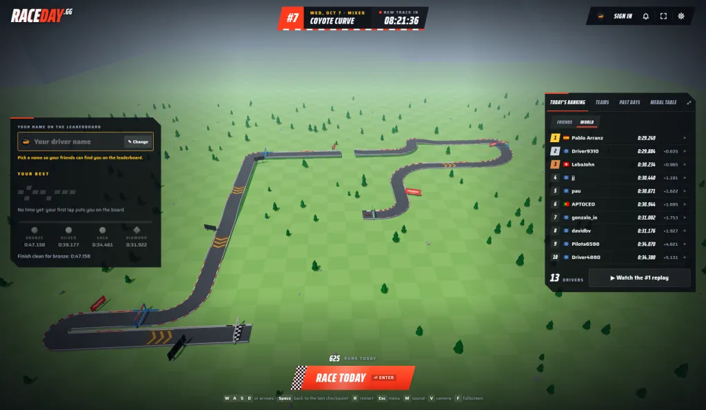 Race Day in play: daily track #7 Coyote Curve, a grey 3D circuit on green grass, medal times on the left, today's world ranking on the right and a Race Today button