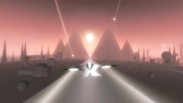 The Race The Sun solar craft speeding along a light trail toward the setting sun, past grey pyramids, spikes and boulders under a pink sky