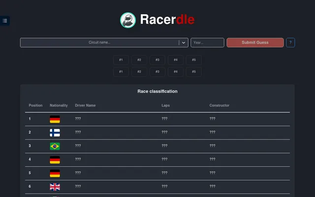 Racerdle board at the start of a day: circuit and year boxes, five guess slots and a race classification showing only positions and nationality flags