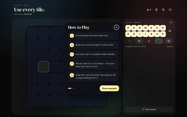 Rackle #141: an empty 7x7 board beside the day's rack of 14 letter tiles, with the How to Play panel open: everyone gets the same daily rack, build one connected grid of words, use every tile