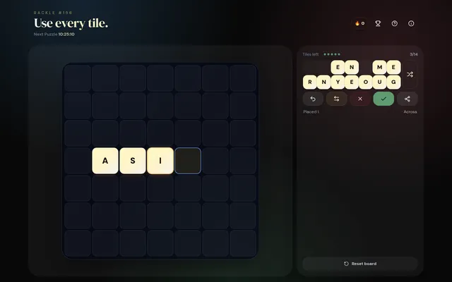 Rackle #156 being played on a desktop: the 7x7 board with the tiles A, S and I placed in a row, and the rest of the day's 14-tile rack beside it with shuffle, undo, clear, check and share buttons