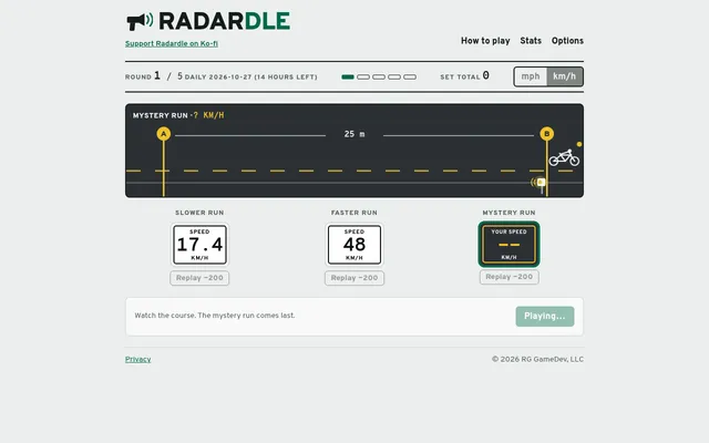 Radardle's daily set for 27 October 2026, round 1: a cyclist crosses a 25 m course from A to B, with signs for a slower run at 17.4 km/h, a faster run at 48 km/h and a blank mystery run