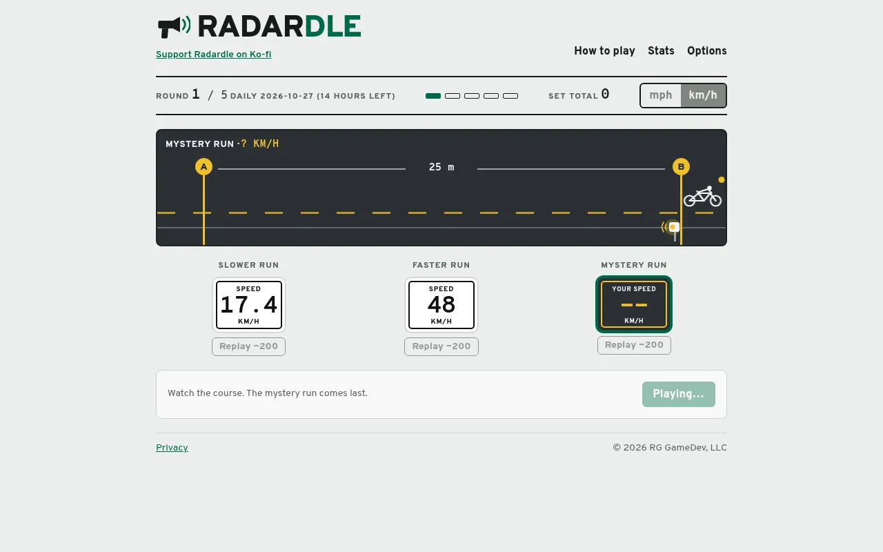 Radardle's daily set for 27 October 2026, round 1: a cyclist crosses a 25 m course from A to B, with signs for a slower run at 17.4 km/h, a faster run at 48 km/h and a blank mystery run