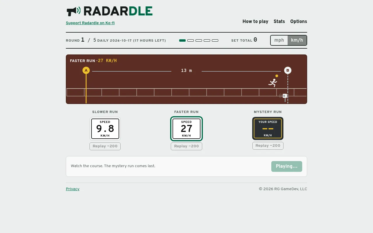 A Radardle daily round: a runner crosses a 13 m course from A to B, with signs showing a slower run at 9.8 km/h, a faster run at 27 km/h and a blank mystery run