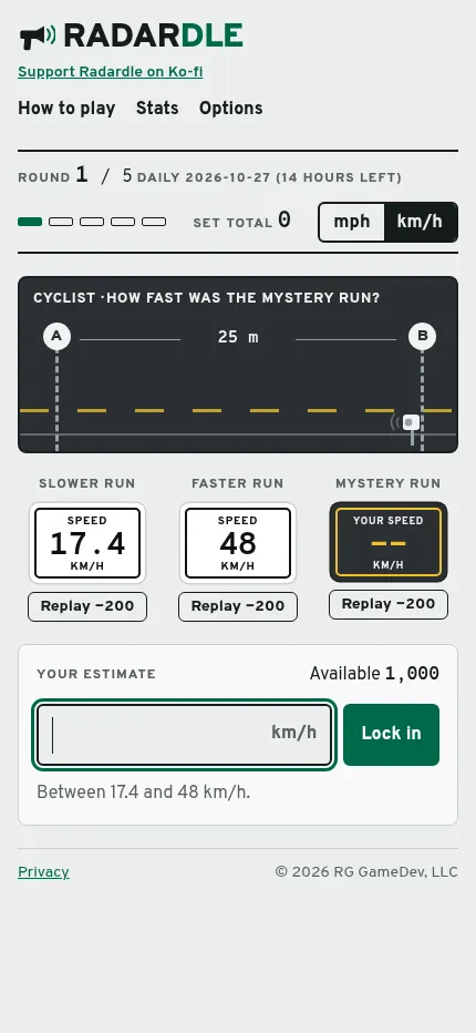 Radardle at phone size: round 1 of the 27 October 2026 daily, the 25 m course, the two speed signs and the box to type an estimate between 17.4 and 48 km/h