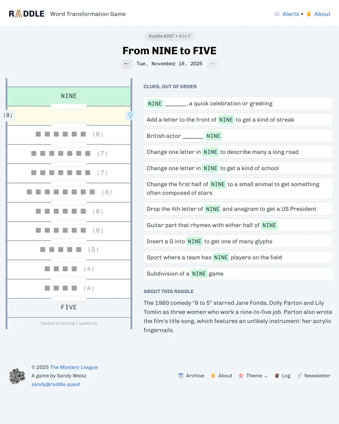 Raddle #267 board, From NINE to FIVE: an unsolved ladder of blank rungs with letter counts beside the list of eleven clues out of order