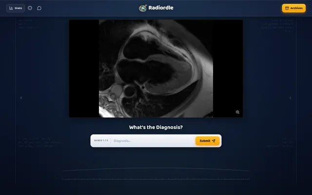 Today's Radiordle: a cardiac MRI slice under What's the Diagnosis?, with guess 1 of 5, a diagnosis box and Submit