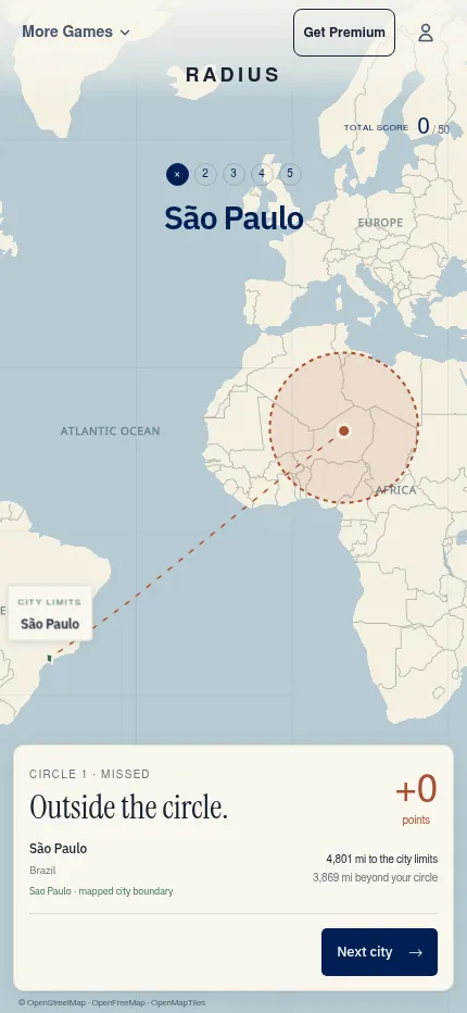 Radius reveal on a phone: a wide circle placed over Africa misses São Paulo, the city limits are outlined in Brazil and the panel shows +0 points and the distance