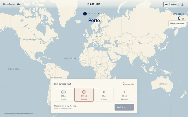 Radius round 1 of 5: an unlabelled world map with 'Porto' to find and a panel of circle sizes from 932 mi for 1 point to 16 mi for 10 points