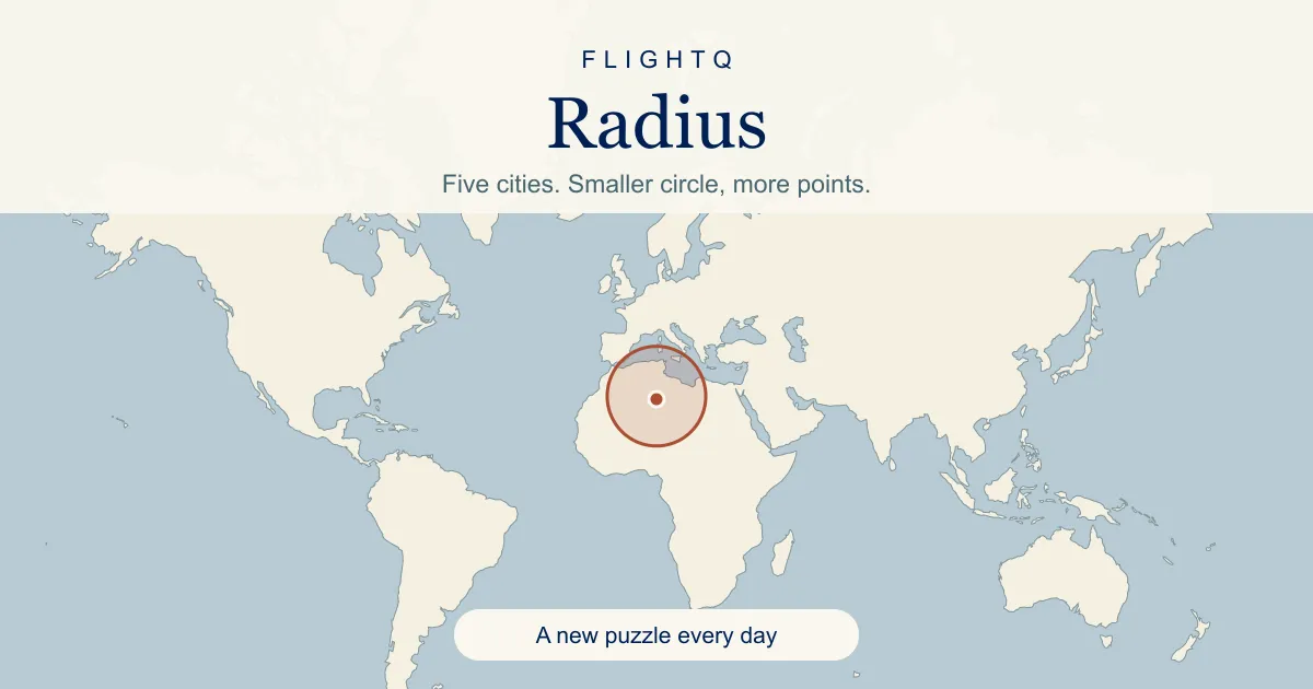 Radius share card from FlightQ: a world map with one red circle and the line Five cities. Smaller circle, more points.